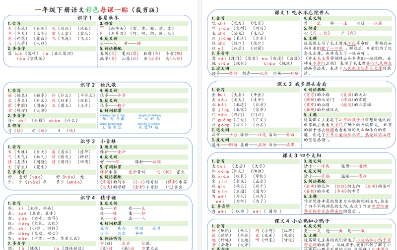 【2026春8页完整版】一年级下册语文彩色每课一贴-免费学习资料下载 - 开学吧