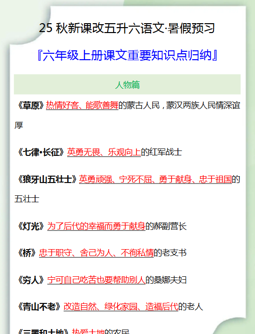 【2025秋新版】六年级上册课文重要知识点归纳-教学网