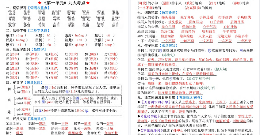 【17页高清完整版】新三上语文1-8单元知识点归纳（精华版）九大考点-免费学习资料下载 - 开学吧