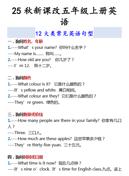 【2025秋新版】五年级上册英语 12大类常见英语句型-教学网
