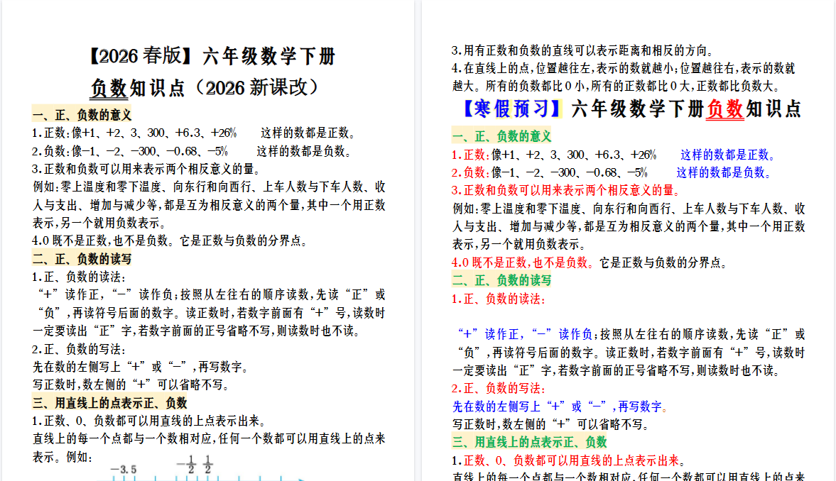 2026春新版【寒假预习】六年级数学下册负数知识点-免费学习资料下载 - 开学吧