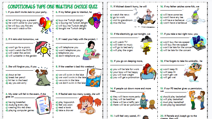 【3页高清彩色版】conditionals type 1 esl multiple choice quiz for kids【完整可直接打印】语法作业纸63套-教学网