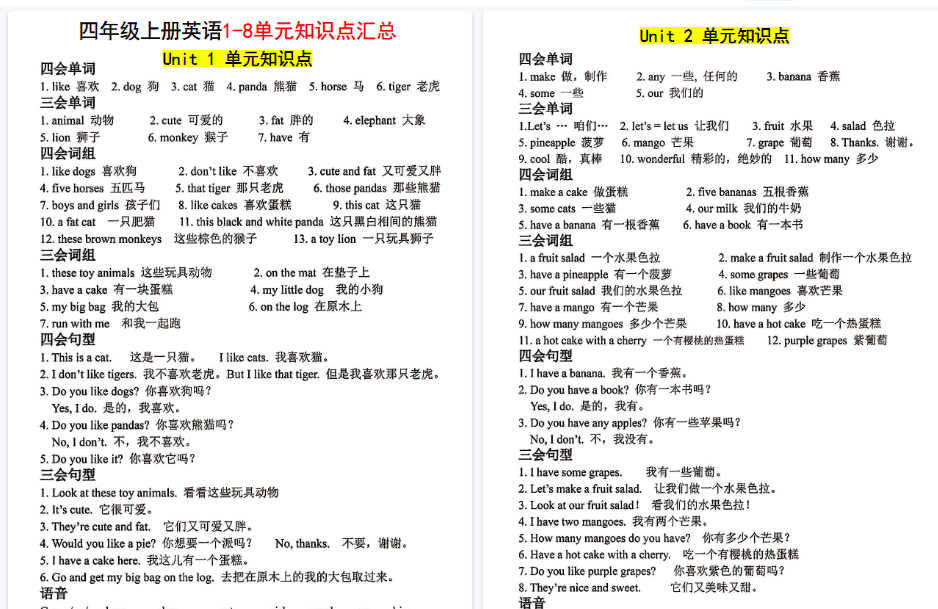 【8页高清完整版】四年级上册英语1-8单元知识点汇总-免费学习资料下载 - 开学吧