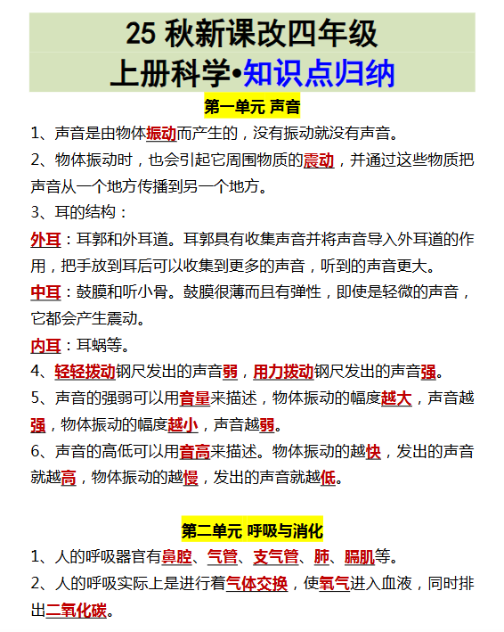 【2025秋新版】四年级上册科学•知识点归纳-教学网