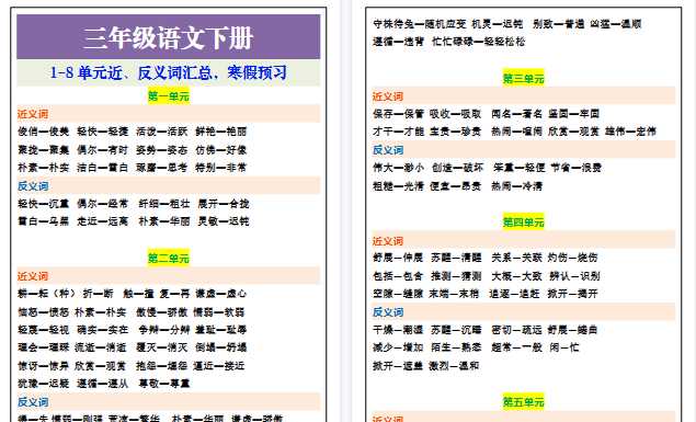 【2026寒假4页】三年级语文下册1-8单元近、反义词汇总，寒假预习-免费学习资料下载 - 开学吧