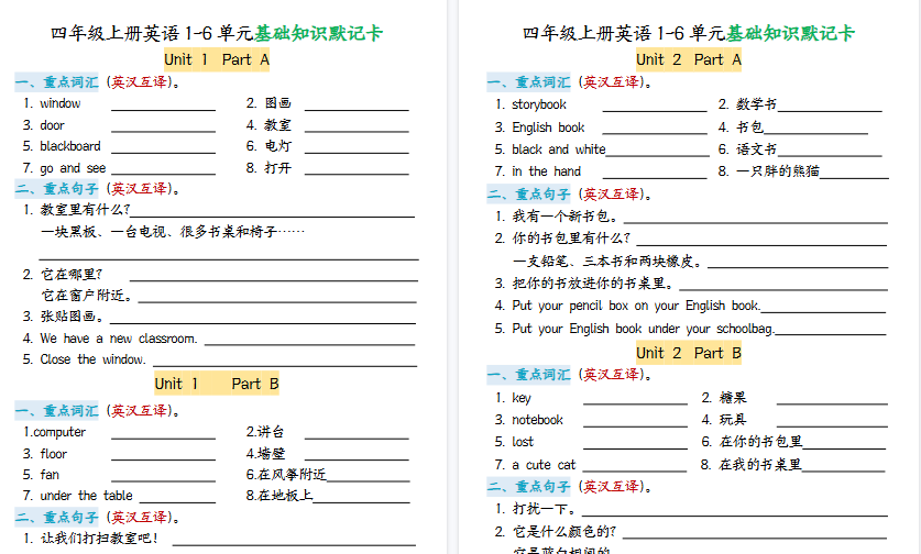 【7页高清完整版】四年级上册英语1-6单元基础知识默记卡(人教版)-免费学习资料下载 - 开学吧