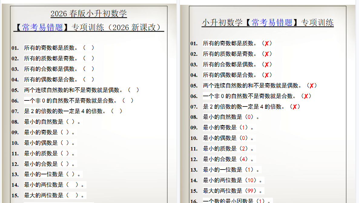 2026春新版小升初数学【常考易错题】专项训练-免费学习资料下载 - 开学吧
