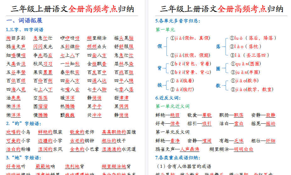 【6页高清完整版】三年级上册语文全册必考知识点-免费学习资料下载 - 开学吧