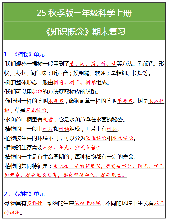 【2025秋新版】三年级科学上册《知识概念》期末复习-教学网