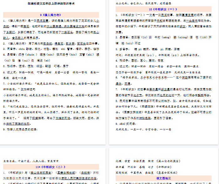 【8页完整版】五（上）语文：第3单元自编知识点-教学网