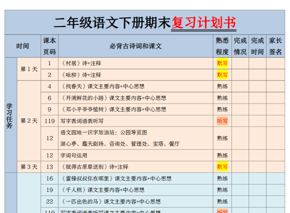 【期末三轮复习法闯关表】二下语文-教学网