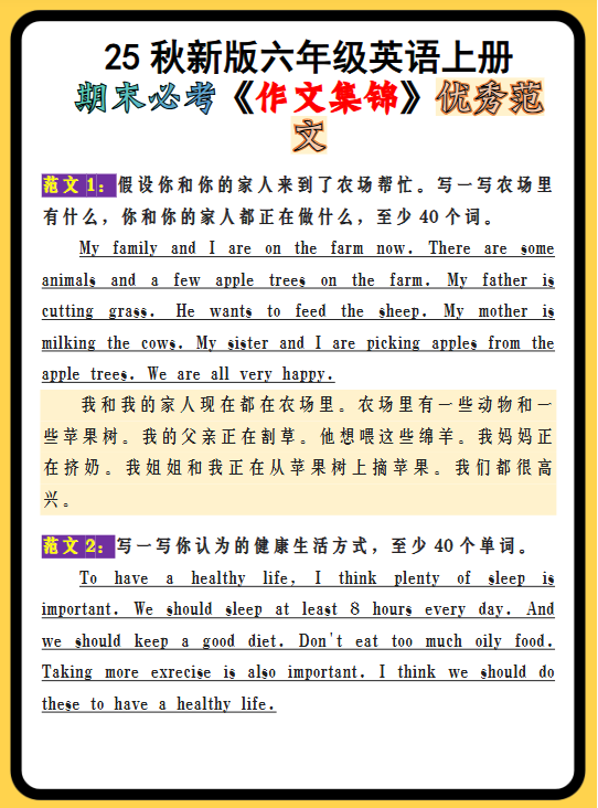 【2025秋新版】六年级英语上册期末必考《作文集锦》优秀范文-教学网