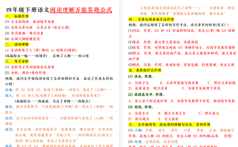 【10页高清完整版】四年级下册小学语文35个阅读理解万能公式-教学网