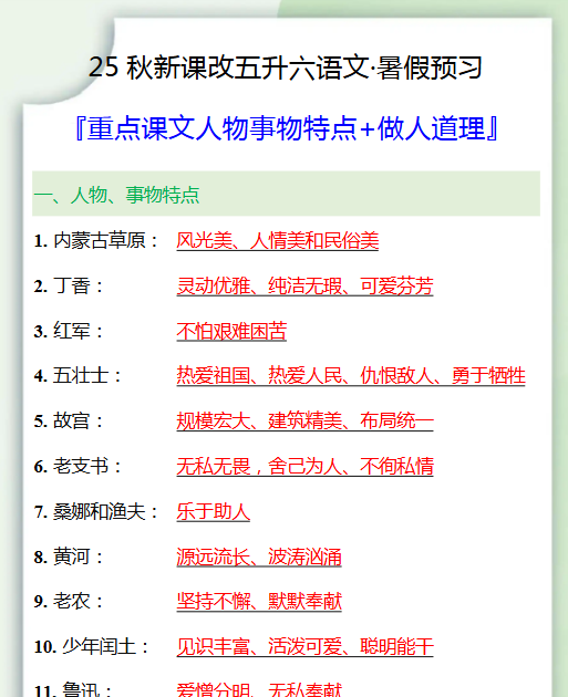 【2025秋新版】五升六重点课文人物事物特点+做人道理-教学网