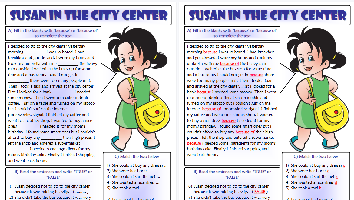 【2页高清彩色版】because or because of esl reading exercises worksheet for kids【完整可直接打印】语法作业纸63套-教学网