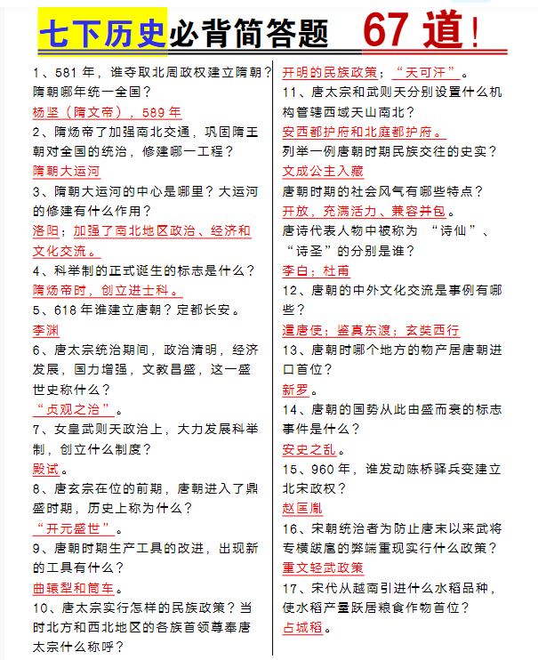 七年级下册历史必背简答题67道-教学网