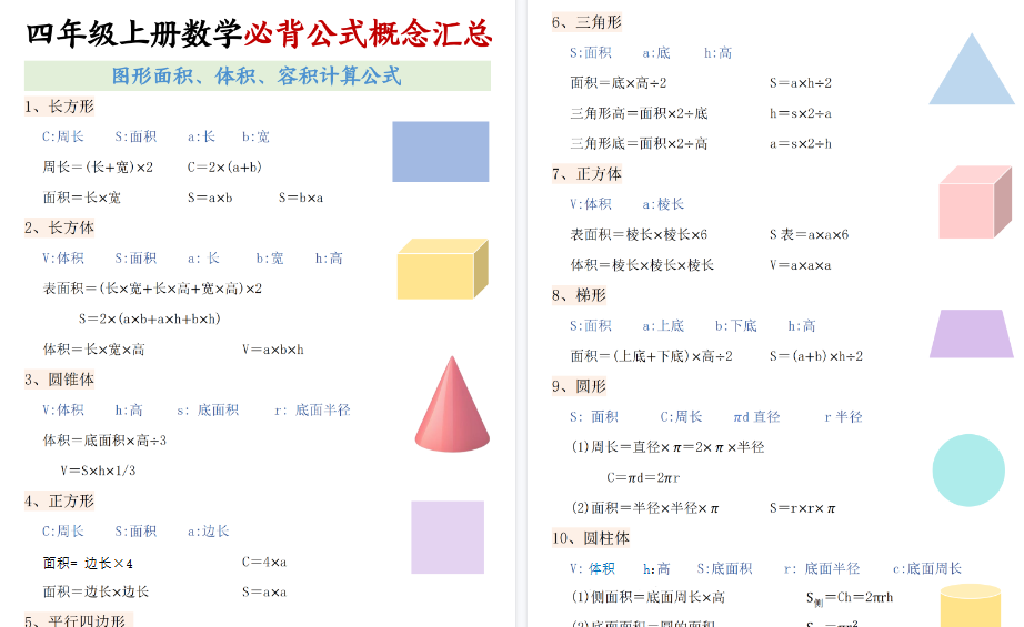 【9页高清完整版】四年级上册数学必背公式概念汇总-免费学习资料下载 - 开学吧