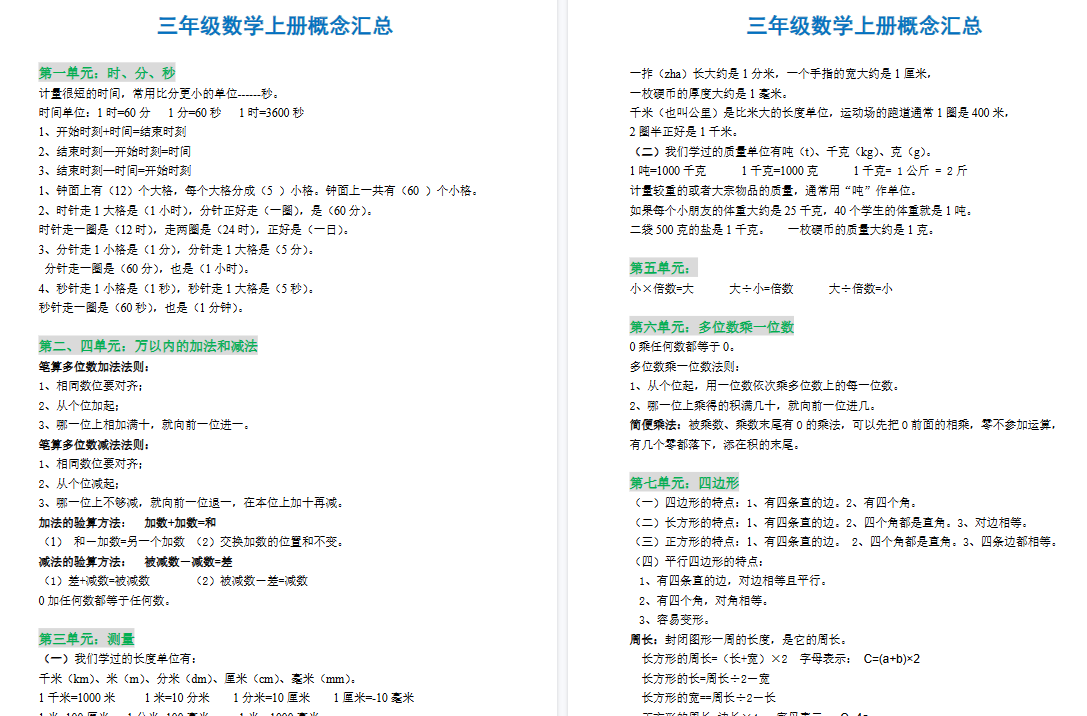 【3页高清完整版】三年级【人教版】概念汇总 三年级上册-免费学习资料下载 - 开学吧