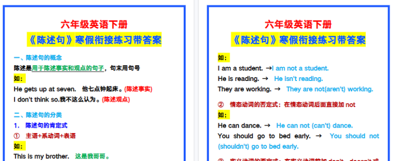 【2026寒假2页】六年级英语下册《陈述句》寒假衔接练习带答案！-免费学习资料下载 - 开学吧