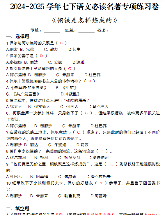 2024-2025学年七下语文必读名著《钢铁是怎样炼成的》专项练习卷-教学网