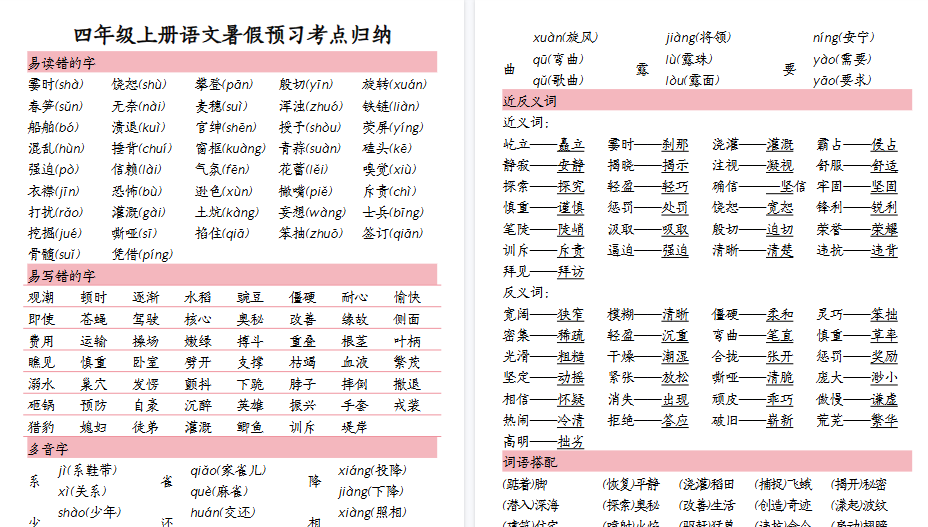 【26页高清完整版】四（上）语文暑假预习考点归纳（精编）-免费学习资料下载 - 开学吧