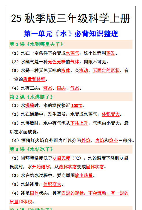 【2025秋新版】三年级上册科学第一单元《水》必背知识整理-教学网
