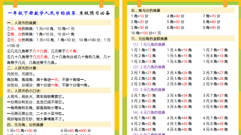 【2026寒假5页】一年级下册数学人民币的换算.寒假预习必备-免费学习资料下载 - 开学吧