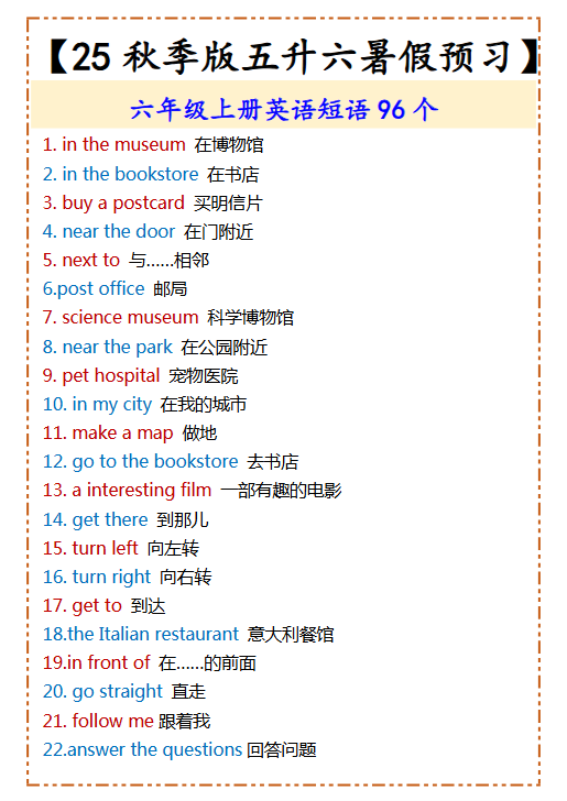 【2025秋新版】六年级上册英语短语96个-教学网