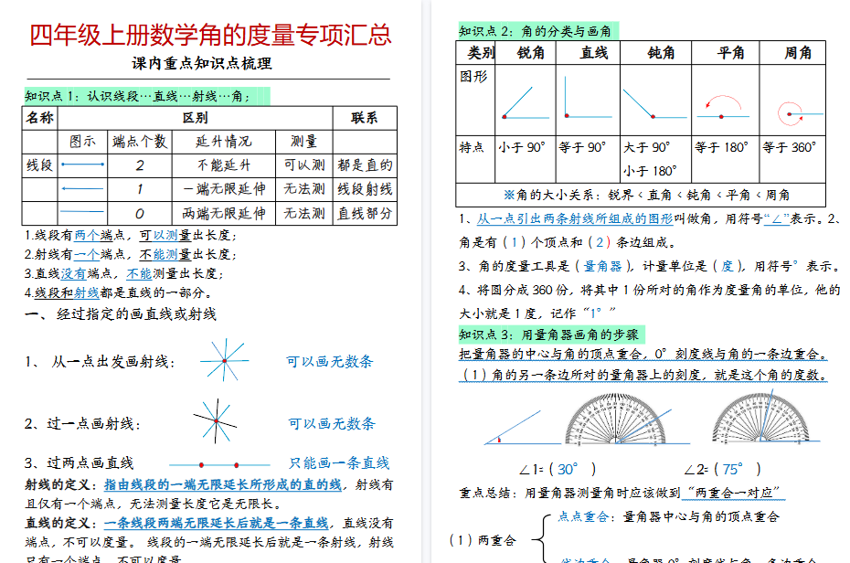 【20页高清完整版】四年级上册【求角的度数】求角的度数专项-免费学习资料下载 - 开学吧