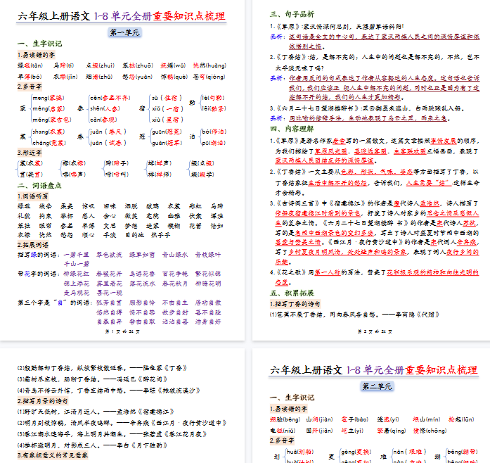 【24页完整版】六上语文期末1-8单元全册重要知识点梳理-教学网