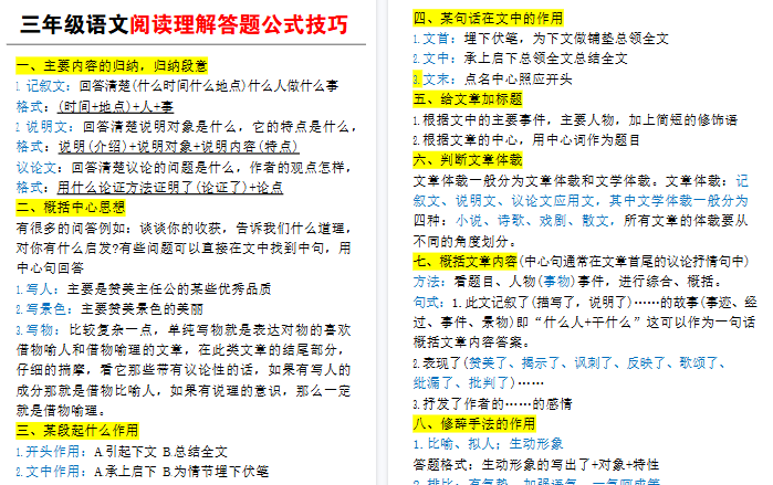 【6页高清完整版】三上语文阅读理解答题公式技巧-免费学习资料下载 - 开学吧