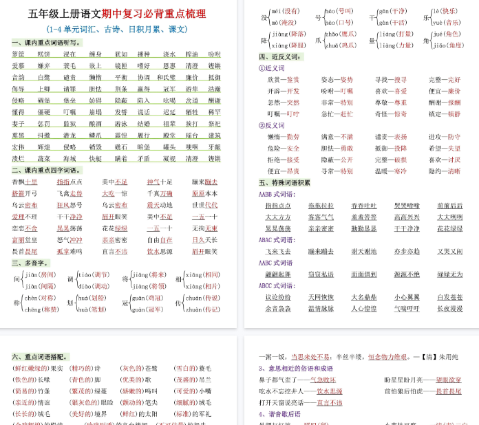 【高清4页整理】五年级（上）语文期中复习必背重点梳理-教学网