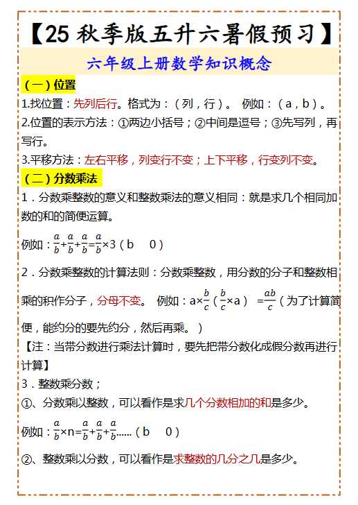 【2025秋新版】【五升六暑假预习】 六年级上册数学知识概念-教学网