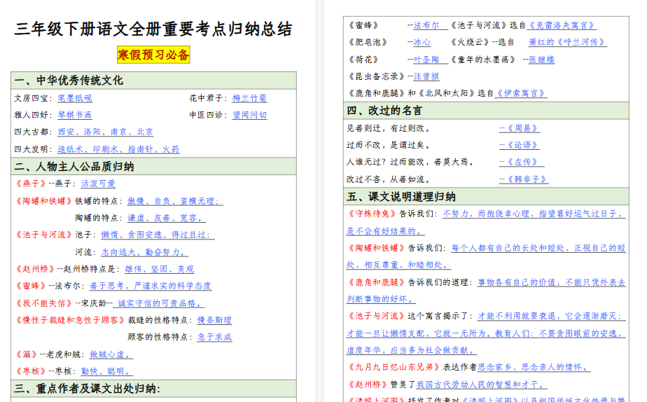 【20页高清完整版】三(下)语文【全册重要考点归纳总结】-免费学习资料下载 - 开学吧