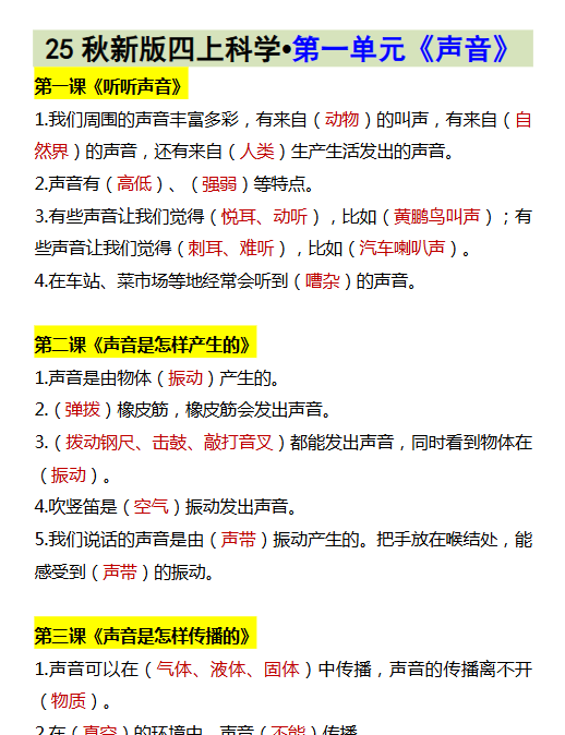 【2025秋新版】四上科学•第一单元《声音》-教学网