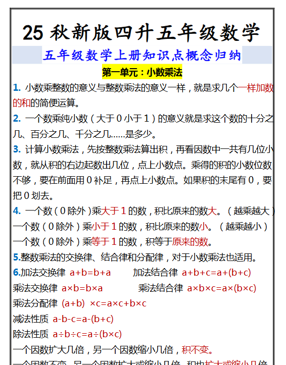 【2025秋新版】五年级数学上册知识点概念归纳-教学网