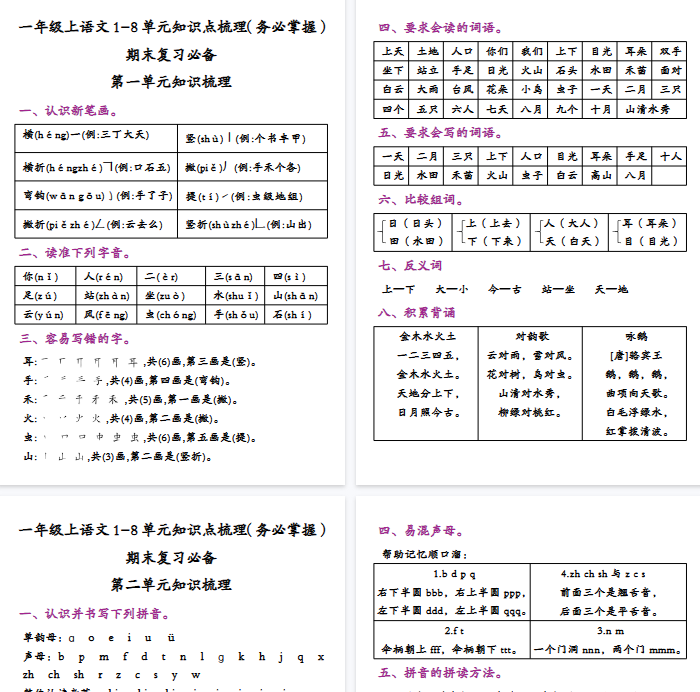 【16页完整版】一年级上语文1-8单元知识点梳理（务必掌握）-教学网