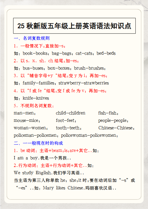 【2025秋新版】五年级上册英语语法知识点-教学网