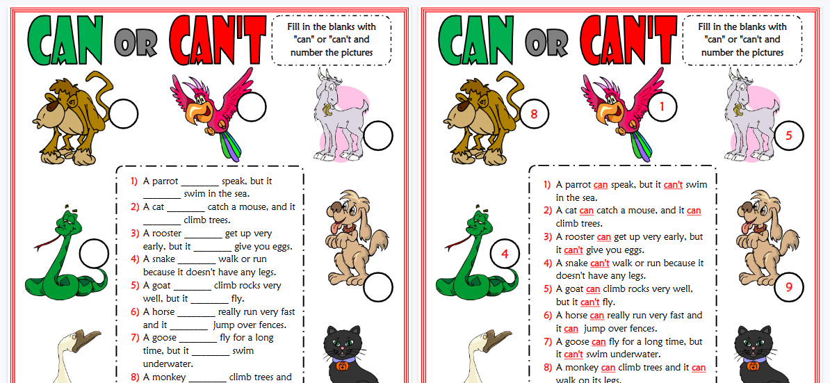 【2页高清彩色版】can or can't esl worksheet with animals vocabulary for kids【完整可直接打印】语法作业纸63套-教学网