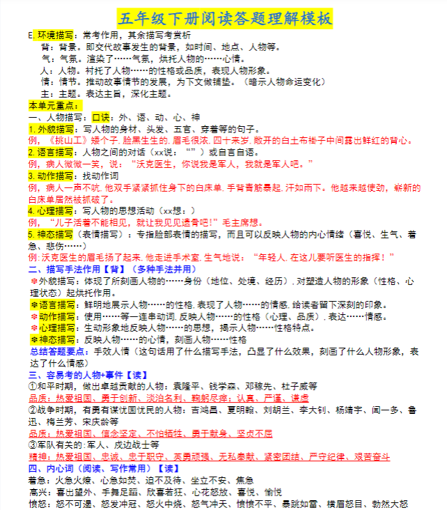【精品】【阅读理解答题模板】五下语文-教学网