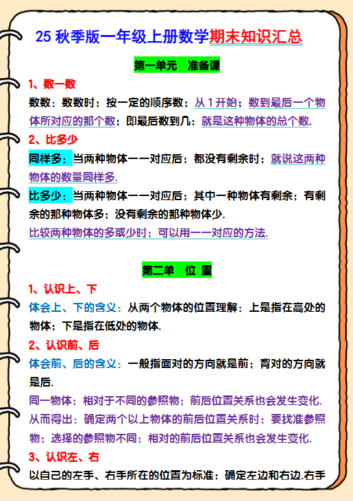 【2025秋新版】一年级上册数学期末知识汇总-教学网
