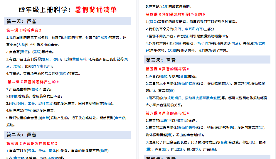 【8页高清完整版】四年级上册科学暑假预习背诵计划-免费学习资料下载 - 开学吧