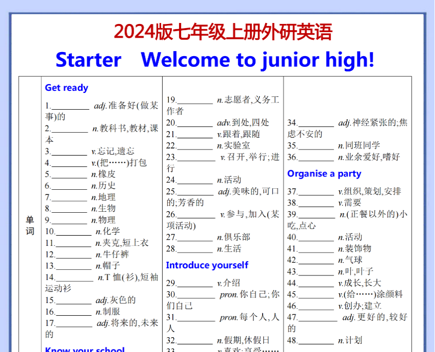 【七上外研英语】2024版 Starter词句背默.-教学网