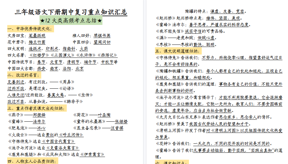 【28页高清完整版】三（下）语文期中复习重点知识汇总-12大高频考点-免费学习资料下载 - 开学吧