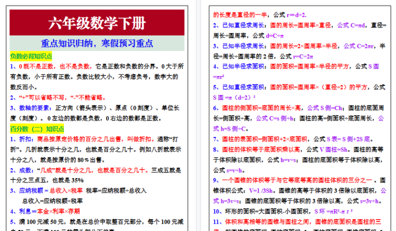 【2026寒假3页】六年级数学下册重点知识归纳，寒假预习重点-免费学习资料下载 - 开学吧