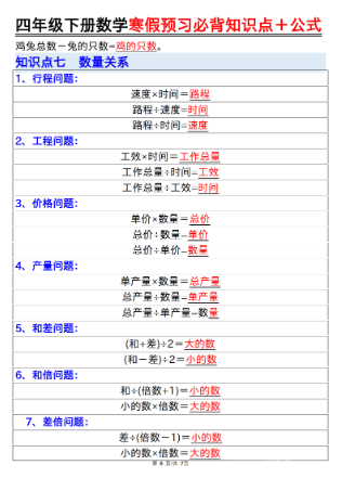 2025春《重点必背公式概念汇总》(4下7页)-教学网