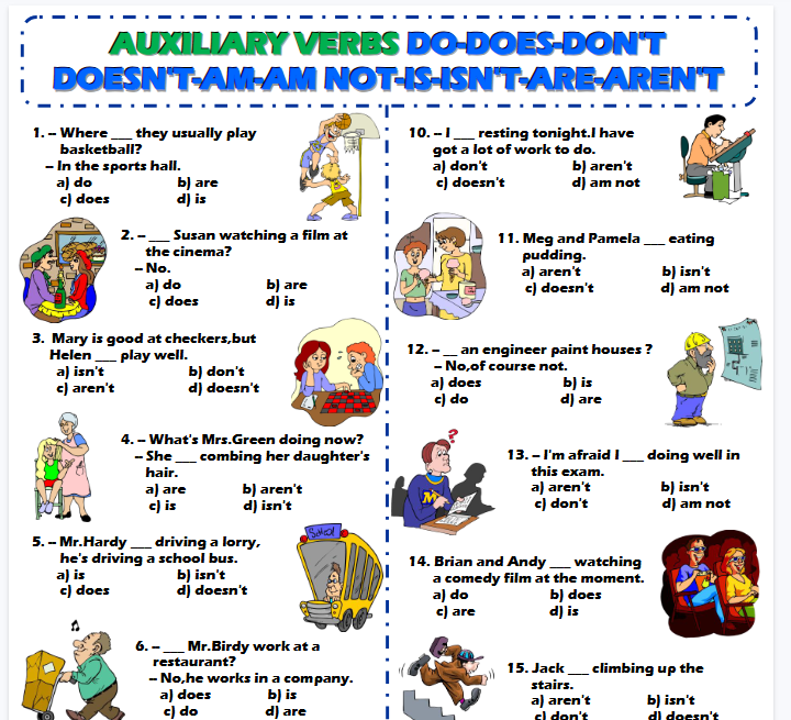【2页高清彩色版】auxiliary verbs do-does-am-is-are【完整可直接打印】语法作业纸63套-教学网