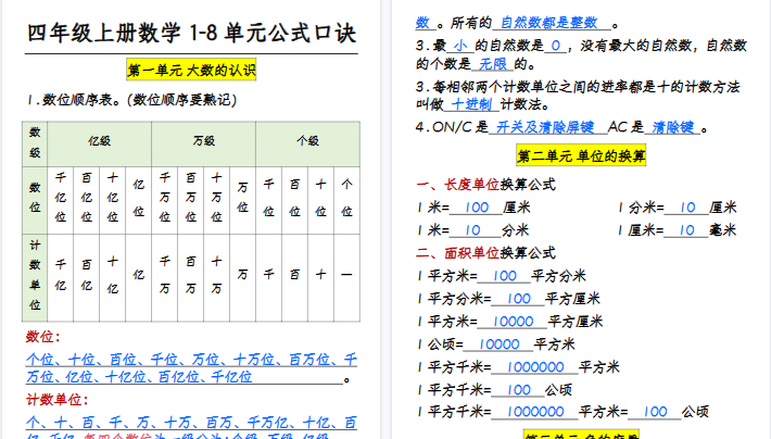 【12页高清完整版】四年级上册数学公式-免费学习资料下载 - 开学吧