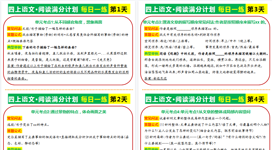 【29页高清完整版】四年级上册语文阅读理解题型+答题公式-免费学习资料下载 - 开学吧