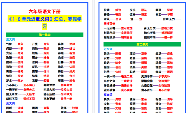 【2026寒假5页】六年级语文下册《1-8单元近反义词》汇总，寒假学习！-免费学习资料下载 - 开学吧
